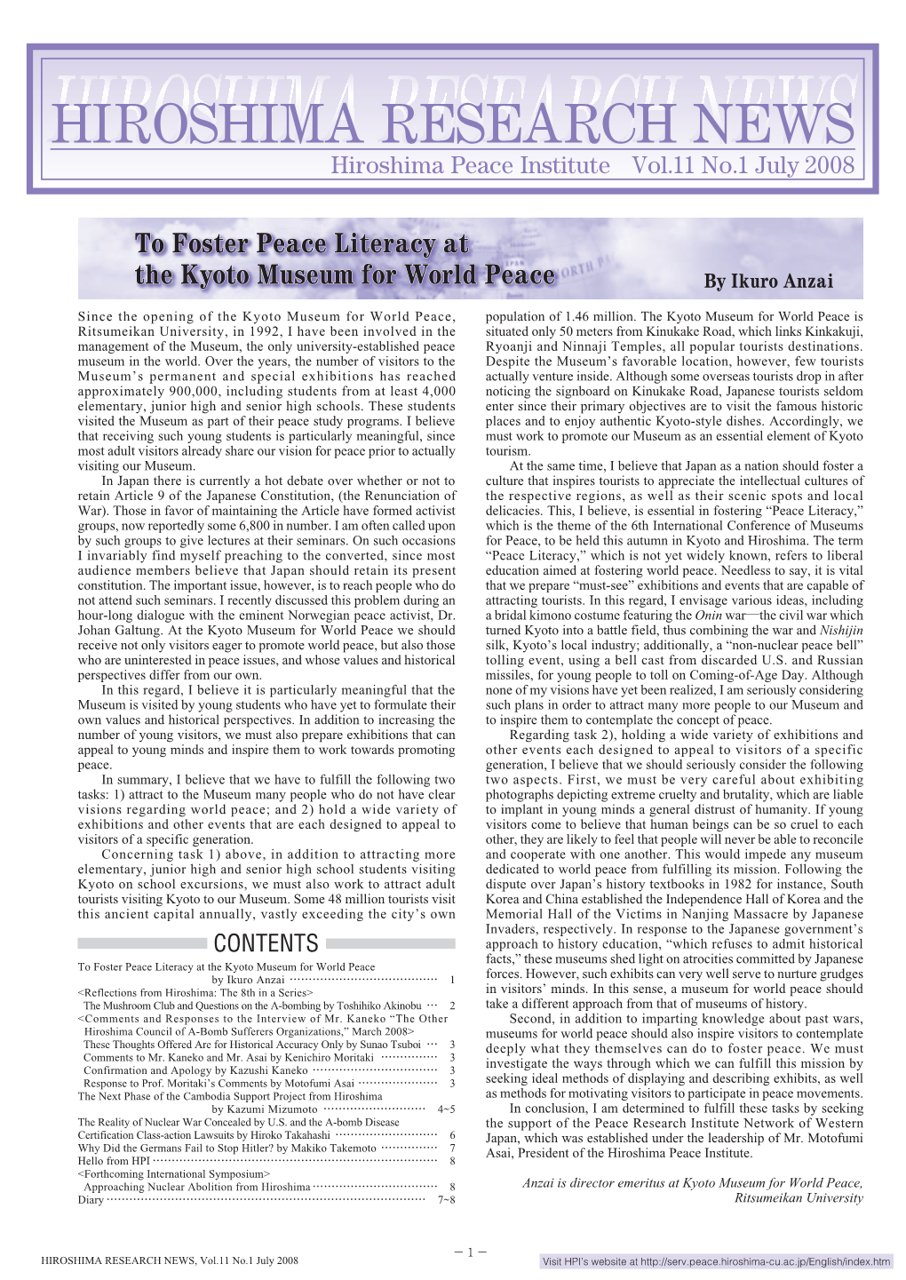 HIROSHIMA RESEARCH NEWS Hiroshima Peace Institute Vol.11 No.1 July 2008