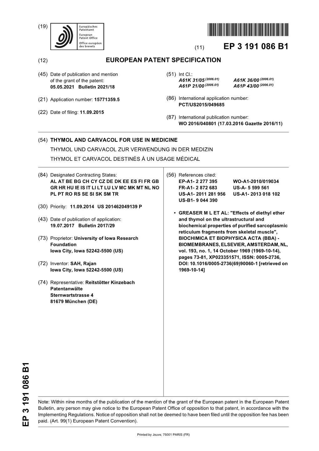 Thymol and Carvacol for Use in Medicine Thymol Und Carvacol Zur Verwendung in Der Medizin Thymol Et Carvacol Destinés À Un Usage Médical