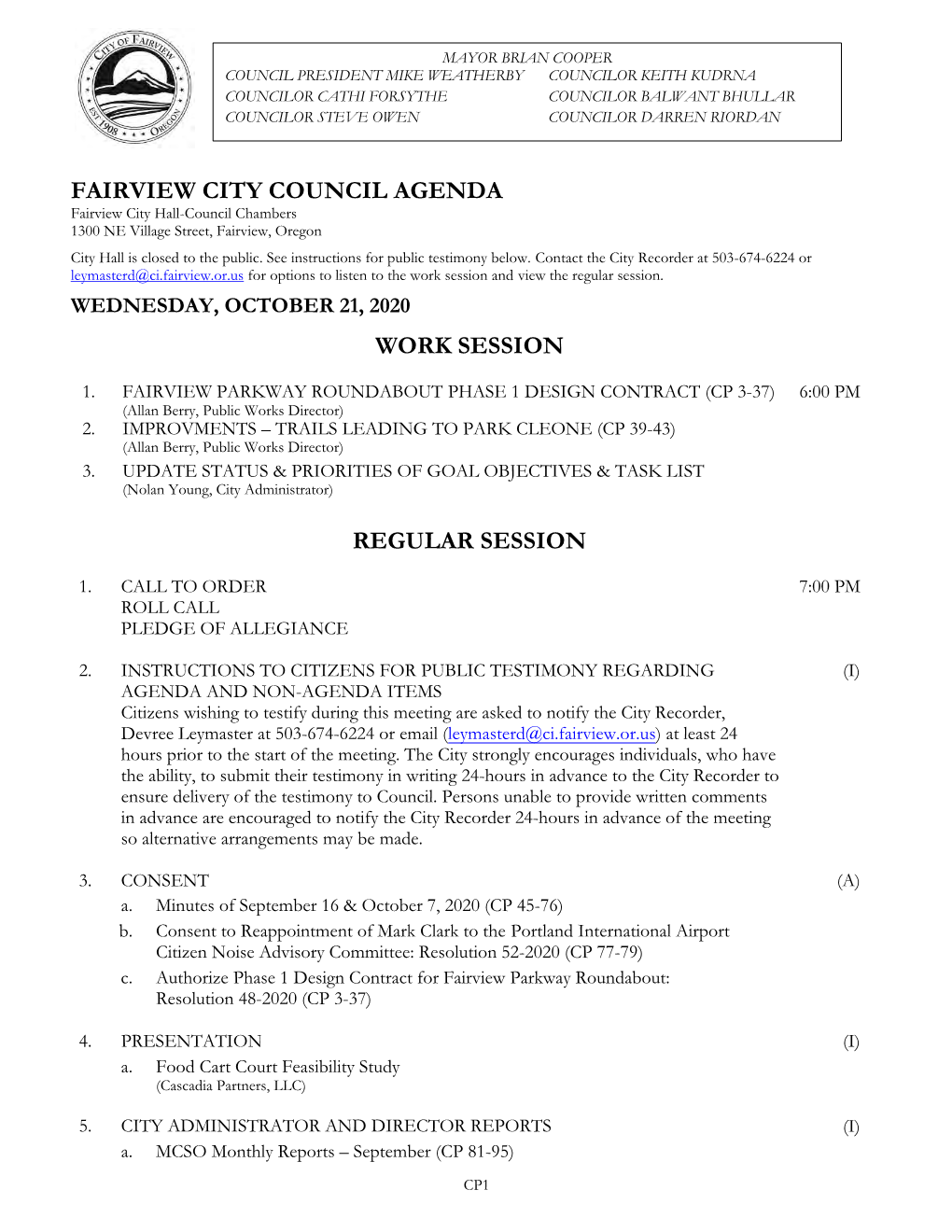 Fairview City Council Agenda Work Session Regular