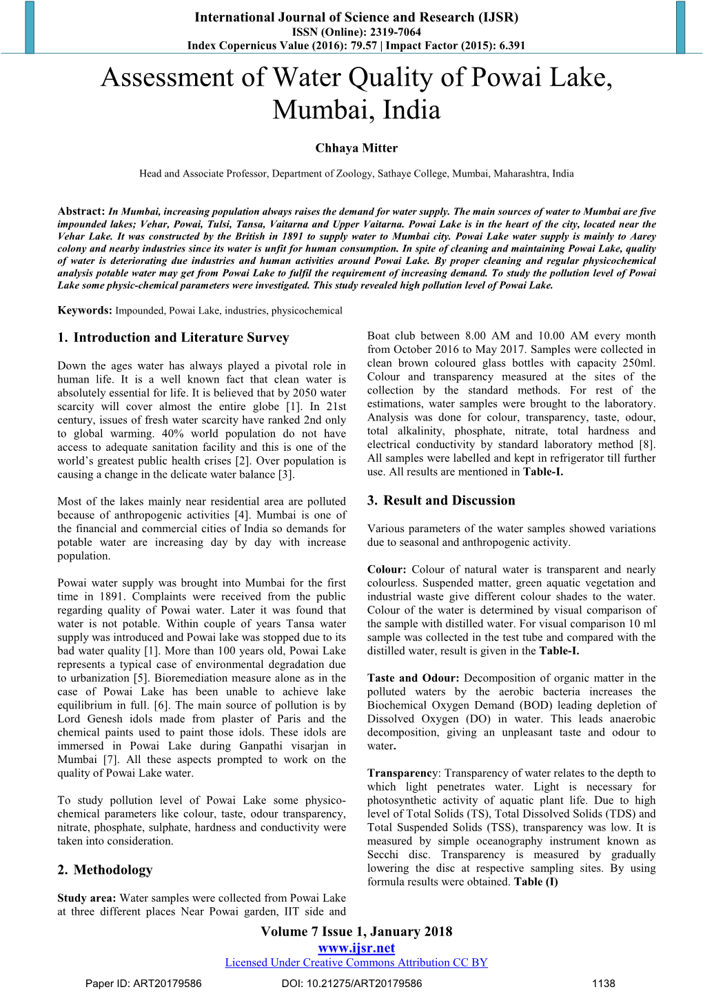 Assessment of Water Quality of Powai Lake, Mumbai, India