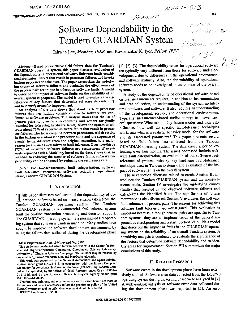 Software Dependability in the Tandem GUARDIAN System