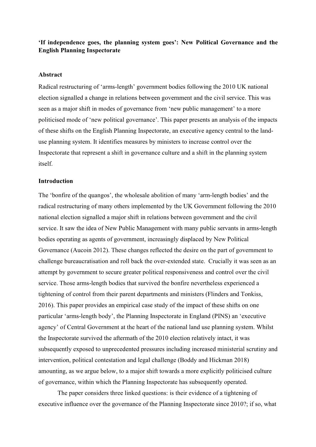 New Political Governance and the English Planning Inspectorate