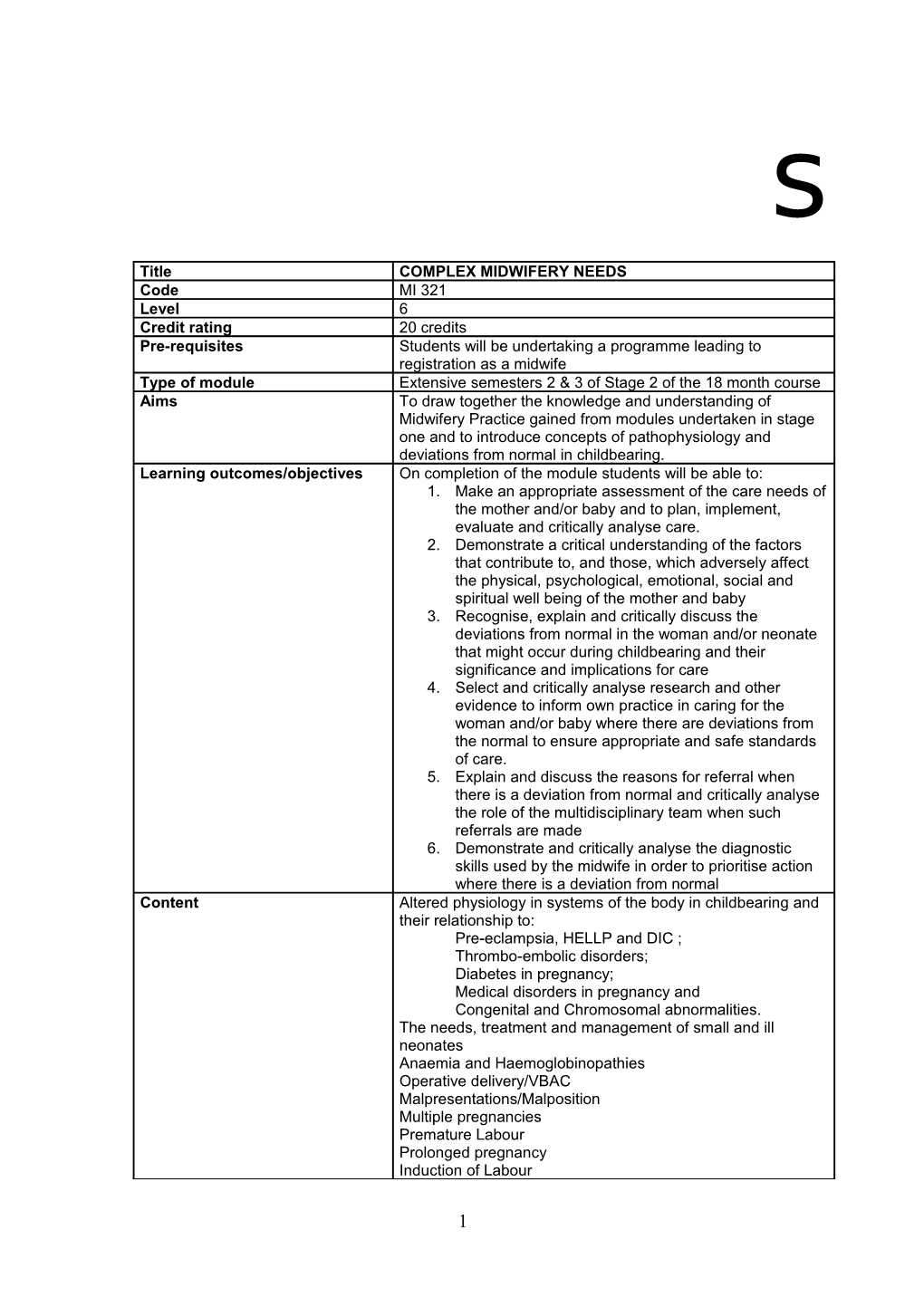 Complex Midwifery Needs