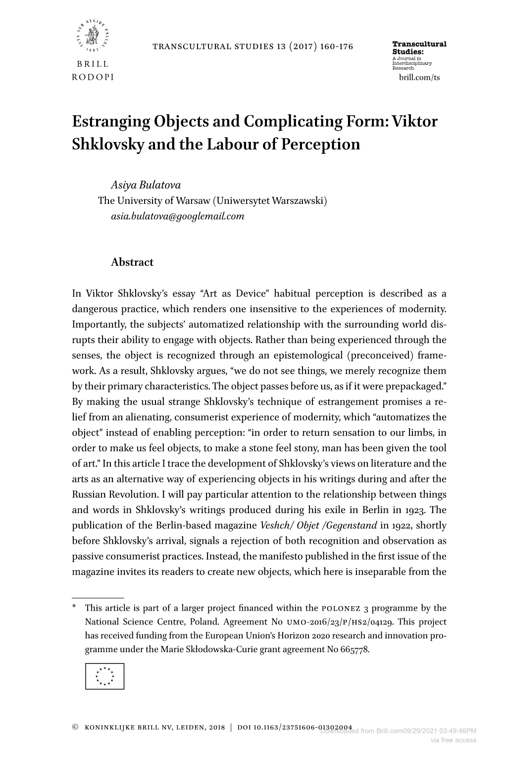 Estranging Objects and Complicating Form: Viktor Shklovsky and the Labour of Perception