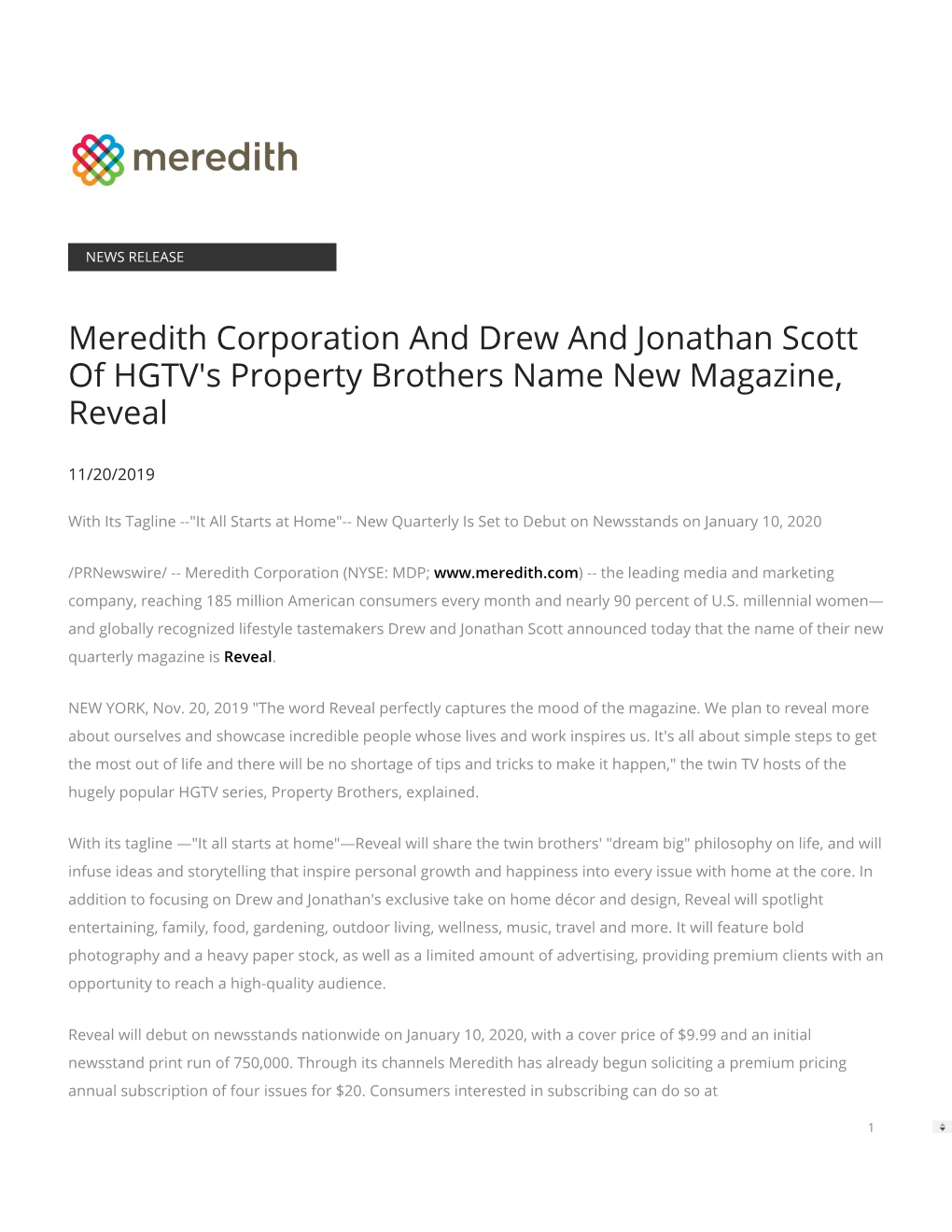 Meredith Corporation and Drew and Jonathan Scott of HGTV's Property Brothers Name New Magazine, Reveal