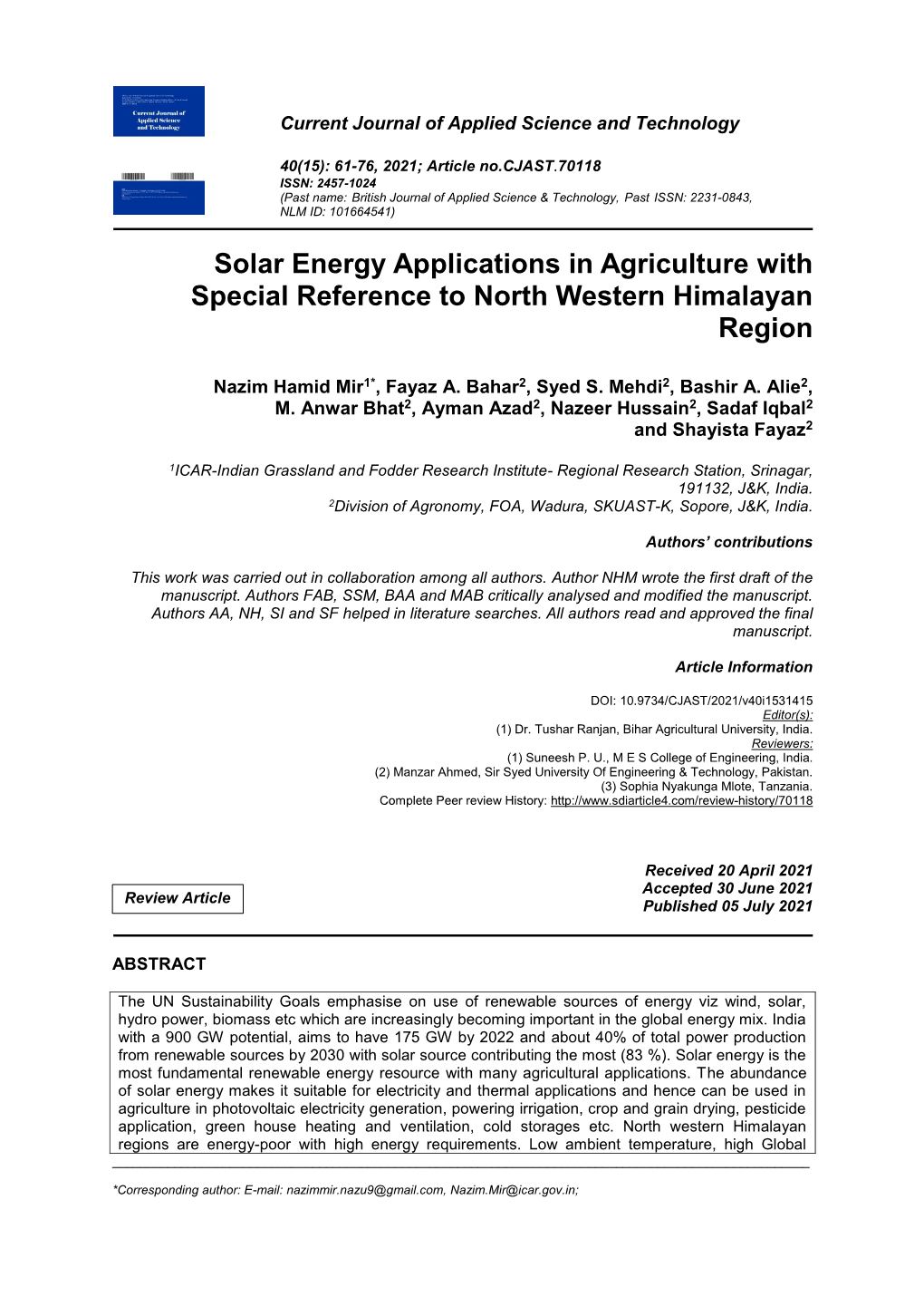 Solar Energy Applications in Agriculture with Special Reference to North Western Himalayan Region