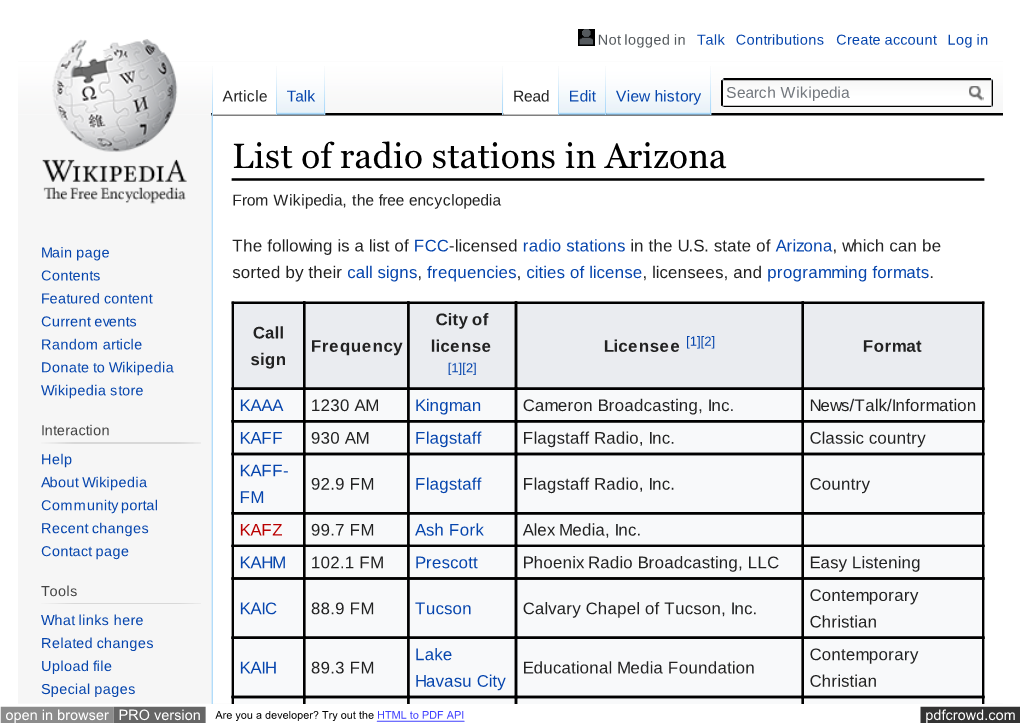 List of Radio Stations in Arizona