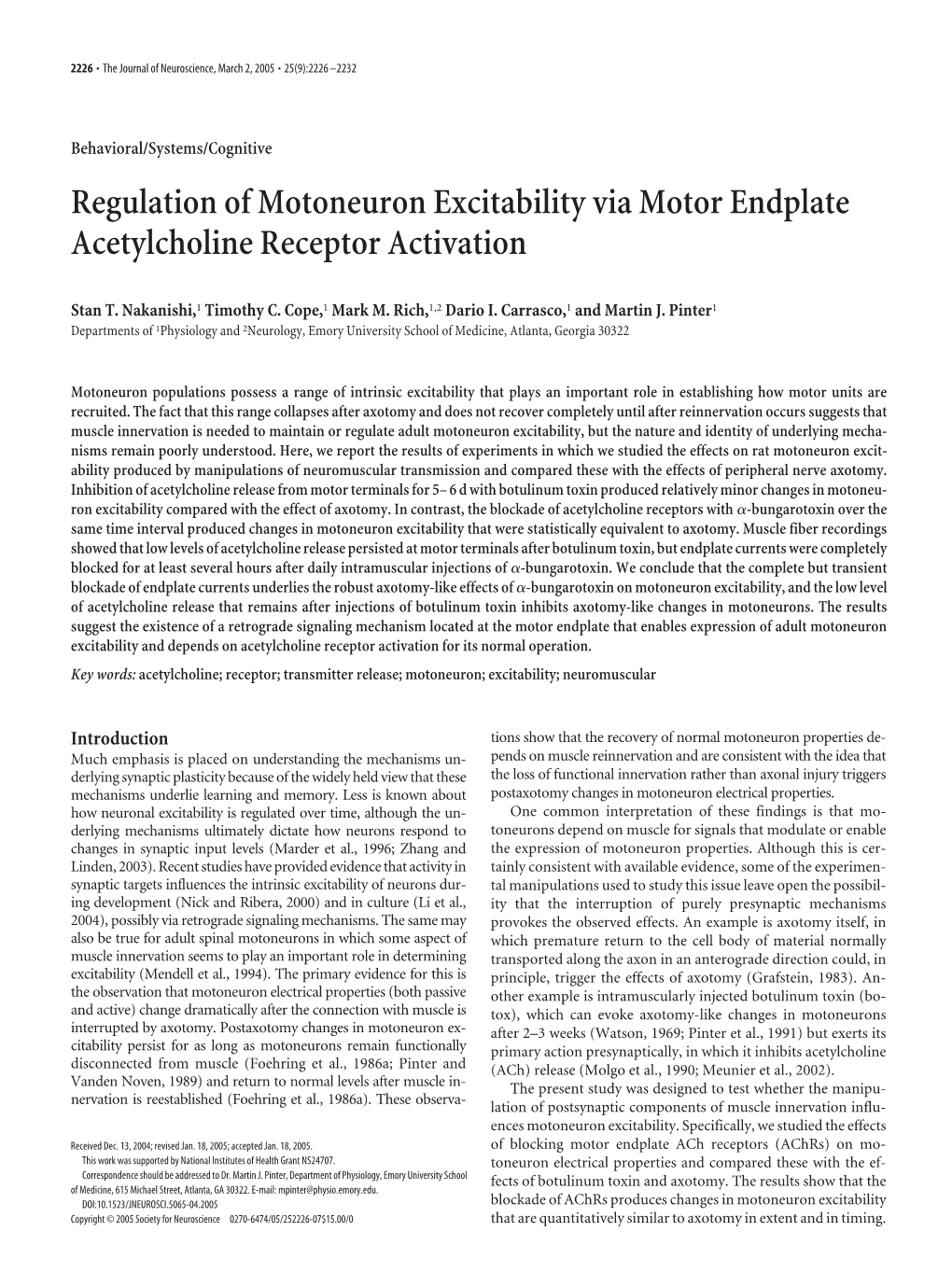 Regulation of Motoneuron Excitability Via Motor Endplate Acetylcholine Receptor Activation