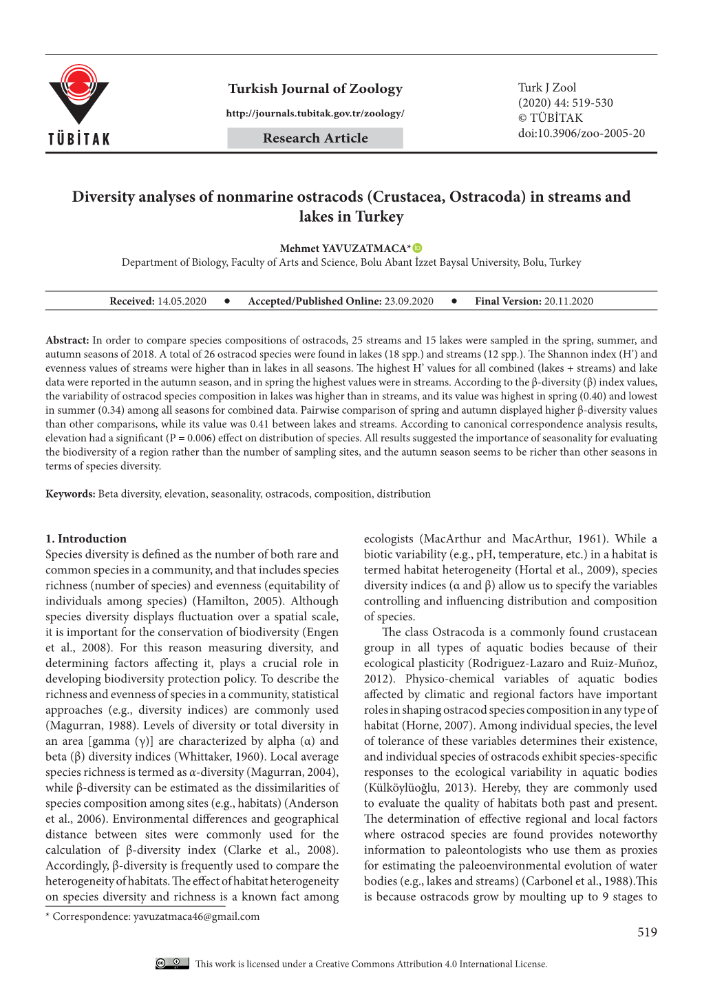 Diversity Analyses of Nonmarine Ostracods (Crustacea, Ostracoda) in Streams and Lakes in Turkey