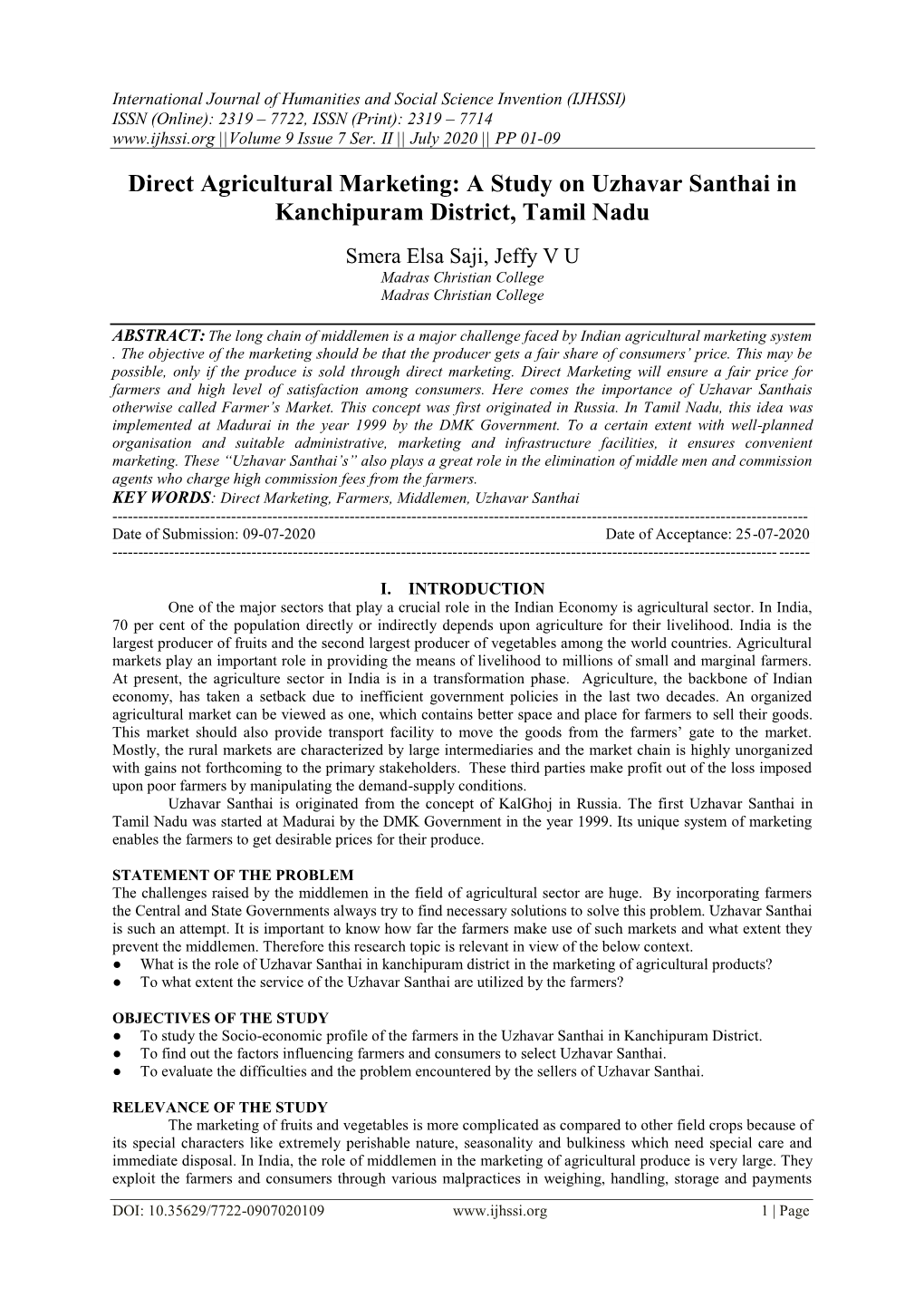 A Study on Uzhavar Santhai in Kanchipuram District, Tamil Nadu