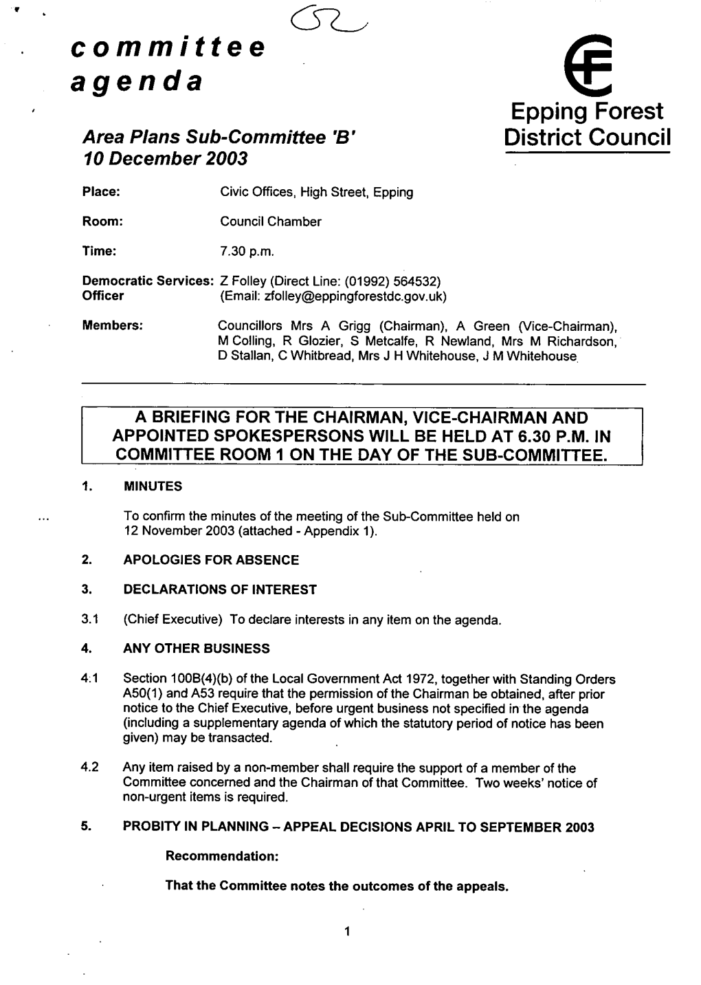 Committee Agenda Epping Forest Area Plans Sub-Committee 'B' District Council 10 December 2003