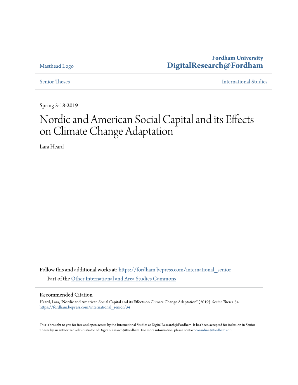 Nordic and American Social Capital and Its Effects on Climate Change Adaptation Lara Heard