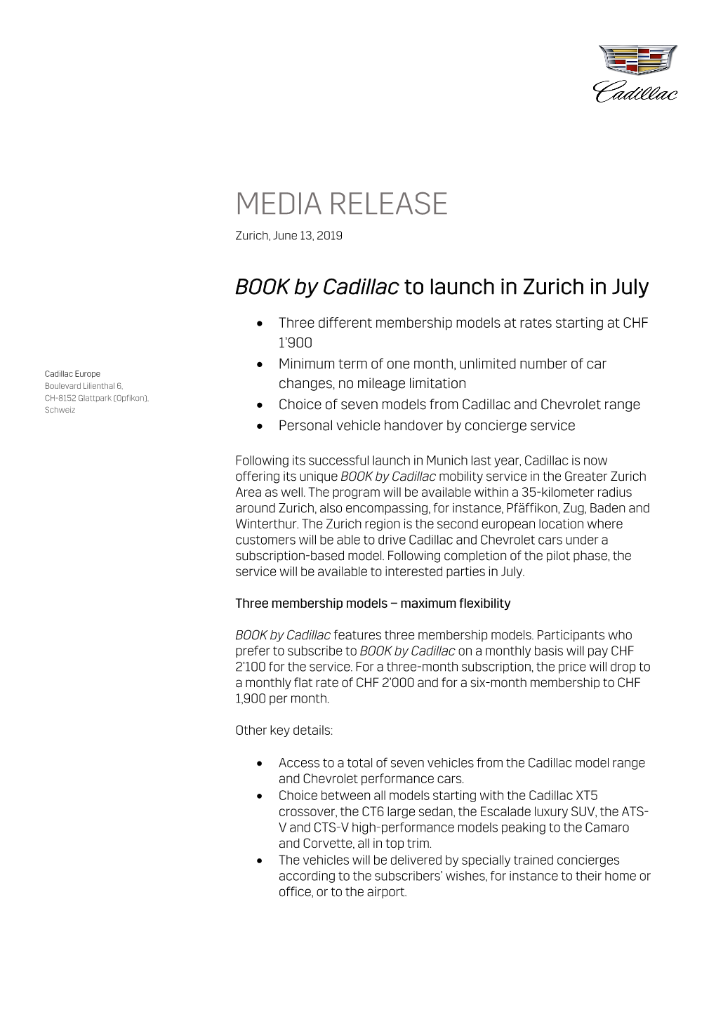 BOOK by Cadillac to Launch in Zurich in July