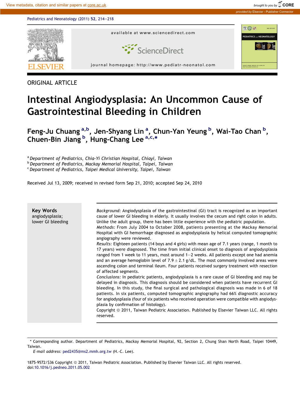 Intestinal Angiodysplasia: an Uncommon Cause of Gastrointestinal Bleeding in Children