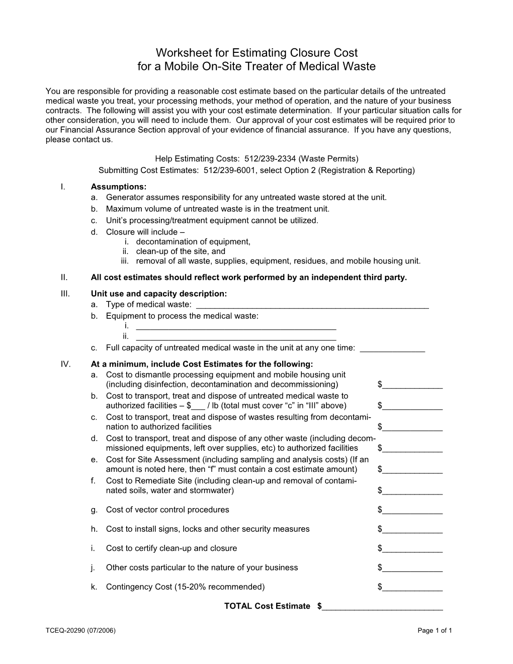 Worksheet for Estimating Closure Cost