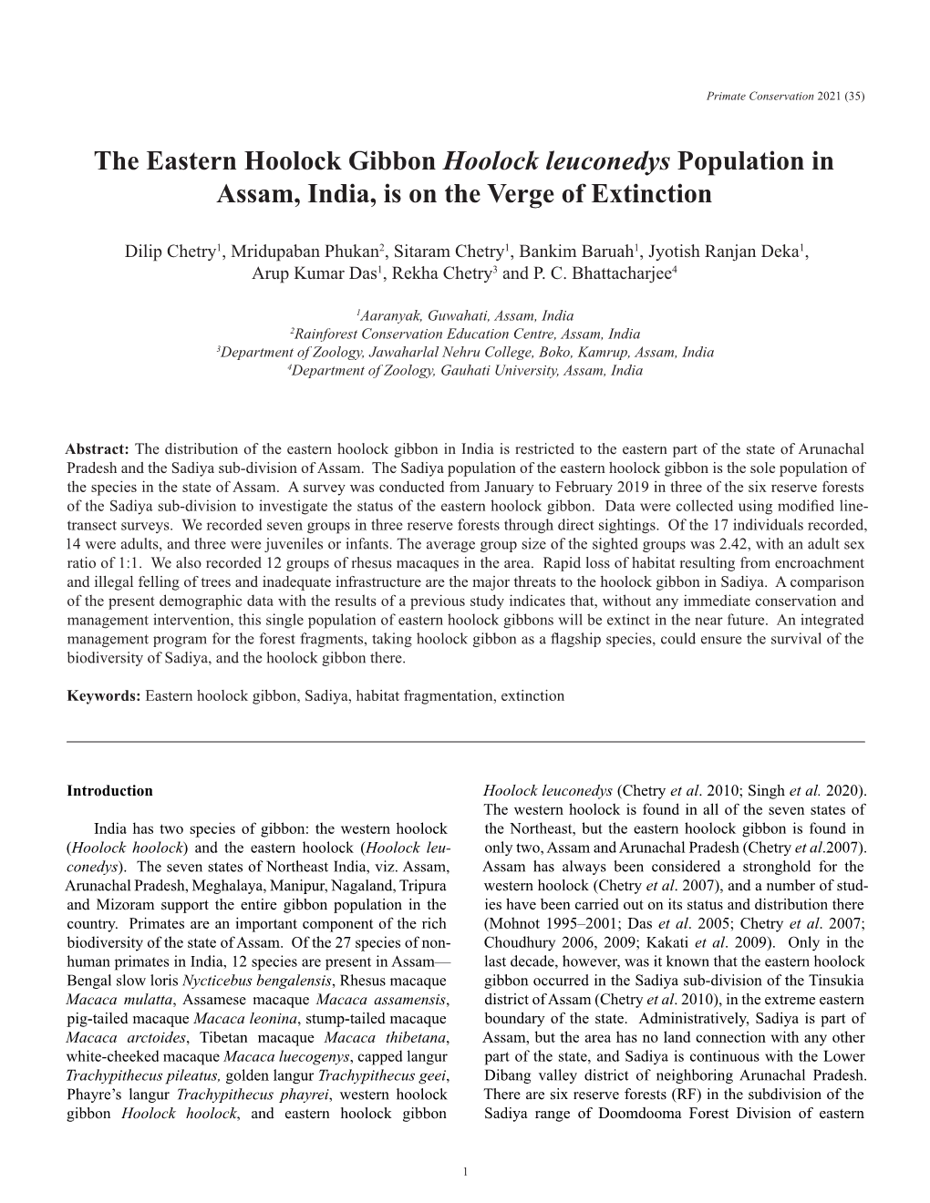 Status of the Eastern Hoolock in Assam, India