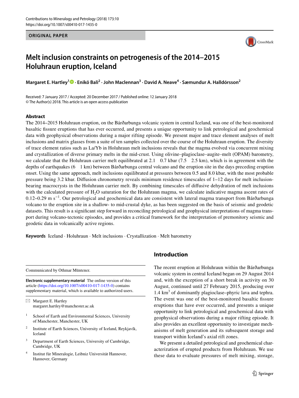 Melt Inclusion Constraints on Petrogenesis of the 2014–2015 Holuhraun Eruption, Iceland