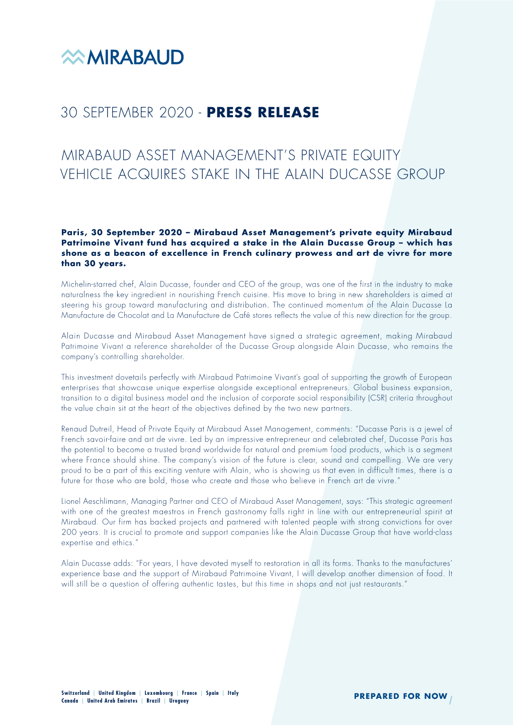 Press Release Mirabaud Asset Management's Private Equity