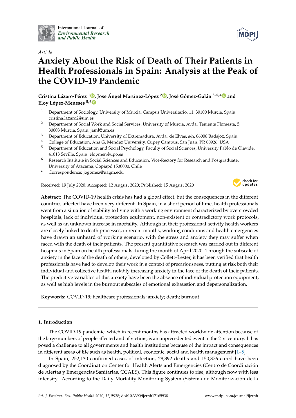 Anxiety About the Risk of Death of Their Patients in Health Professionals in Spain: Analysis at the Peak of the COVID-19 Pandemic