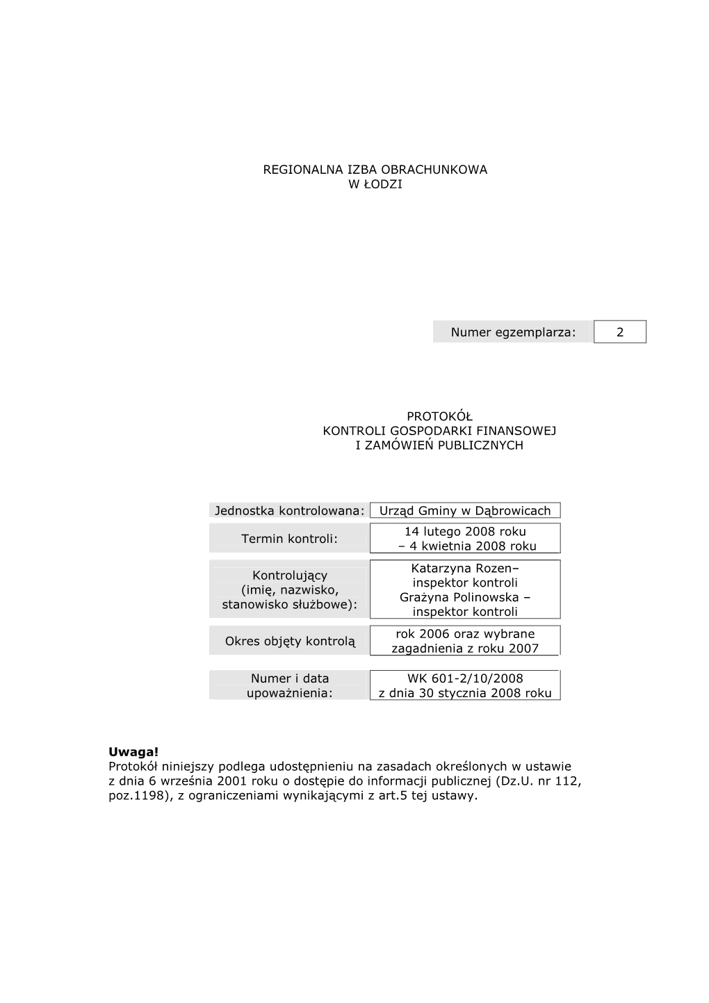 2 Protokół Kontroli Gospodarki Finansowej I