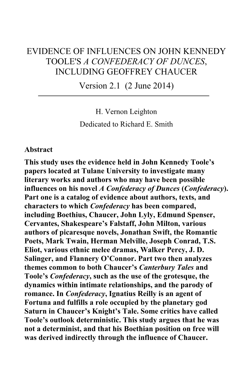 EVIDENCE of INFLUENCES on JOHN KENNEDY TOOLE's a CONFEDERACY of DUNCES, INCLUDING GEOFFREY CHAUCER Version 2.1 (2 June 2014)