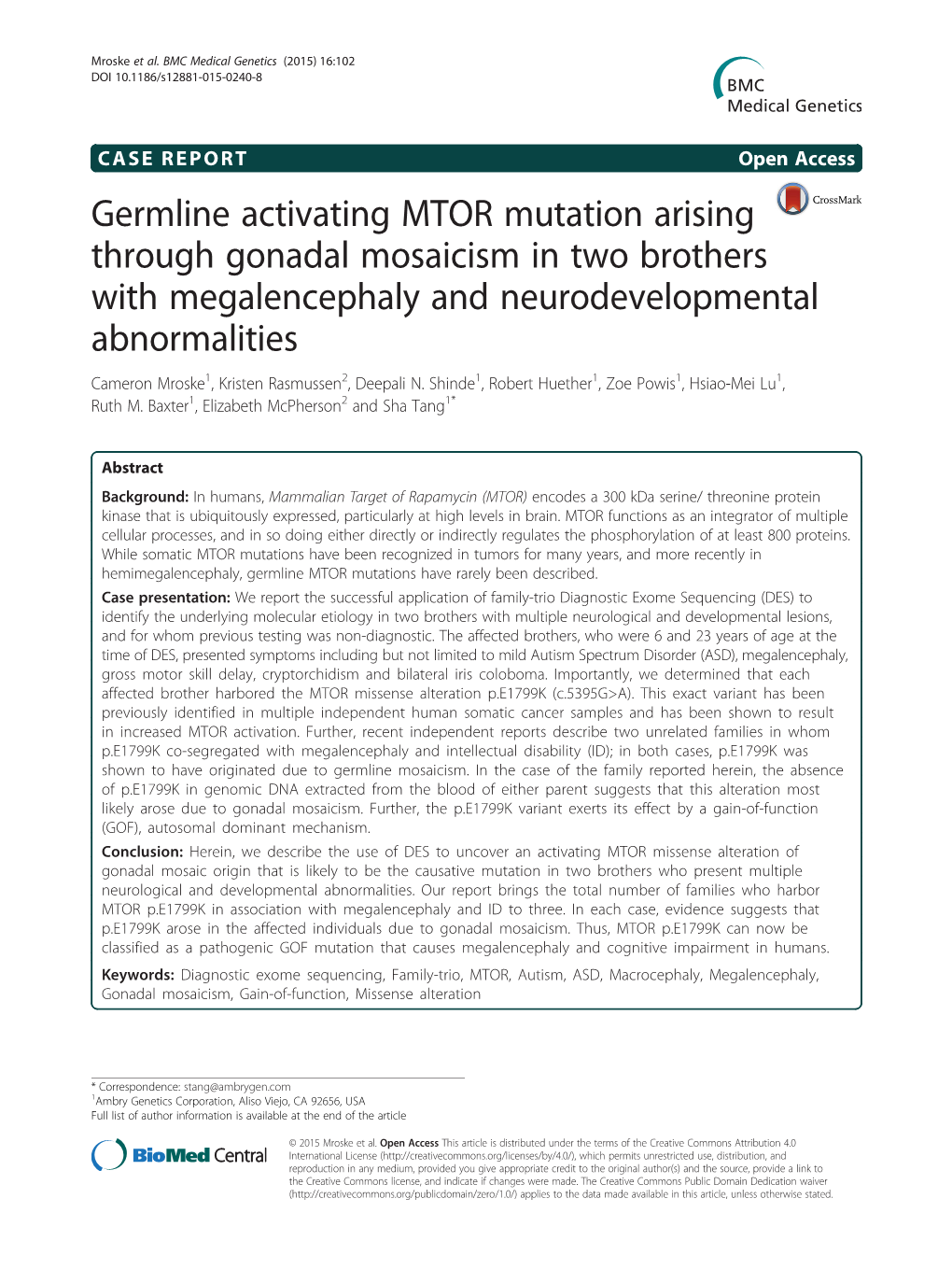 Germline Activating MTOR Mutation Arising Through Gonadal