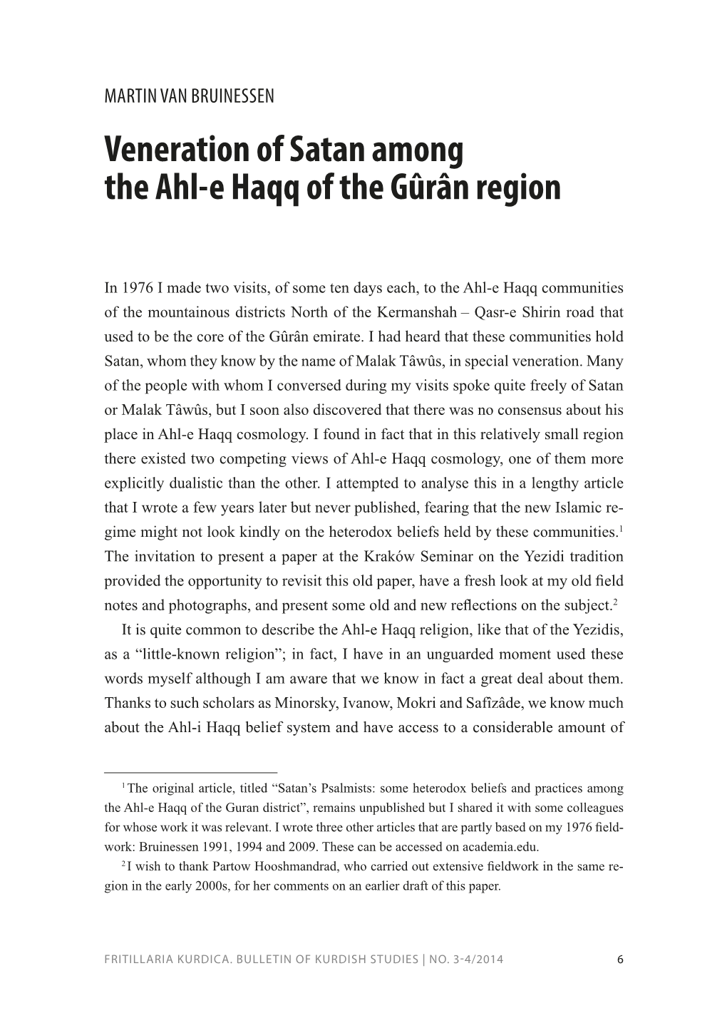 Veneration of Satan Among the Ahl-E Haqq of the Gûrân Region