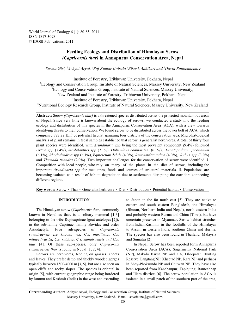 Feeding Ecology and Distribution of Himalayan Serow (Capricornis Thar) in Annapurna Conservation Area, Nepal