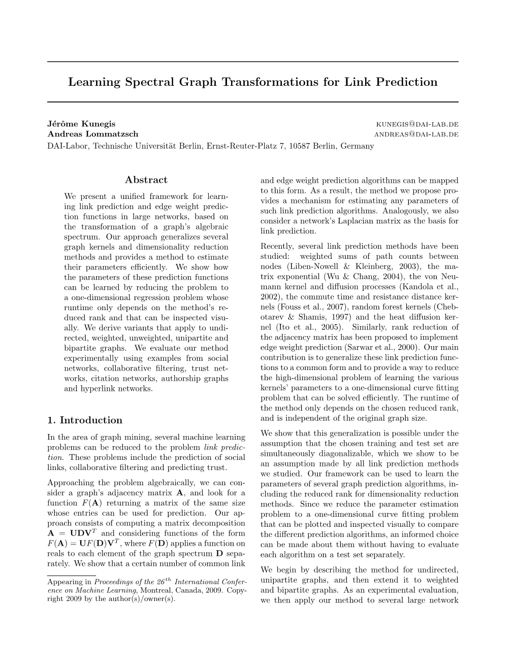 Learning Spectral Graph Transformations for Link Prediction