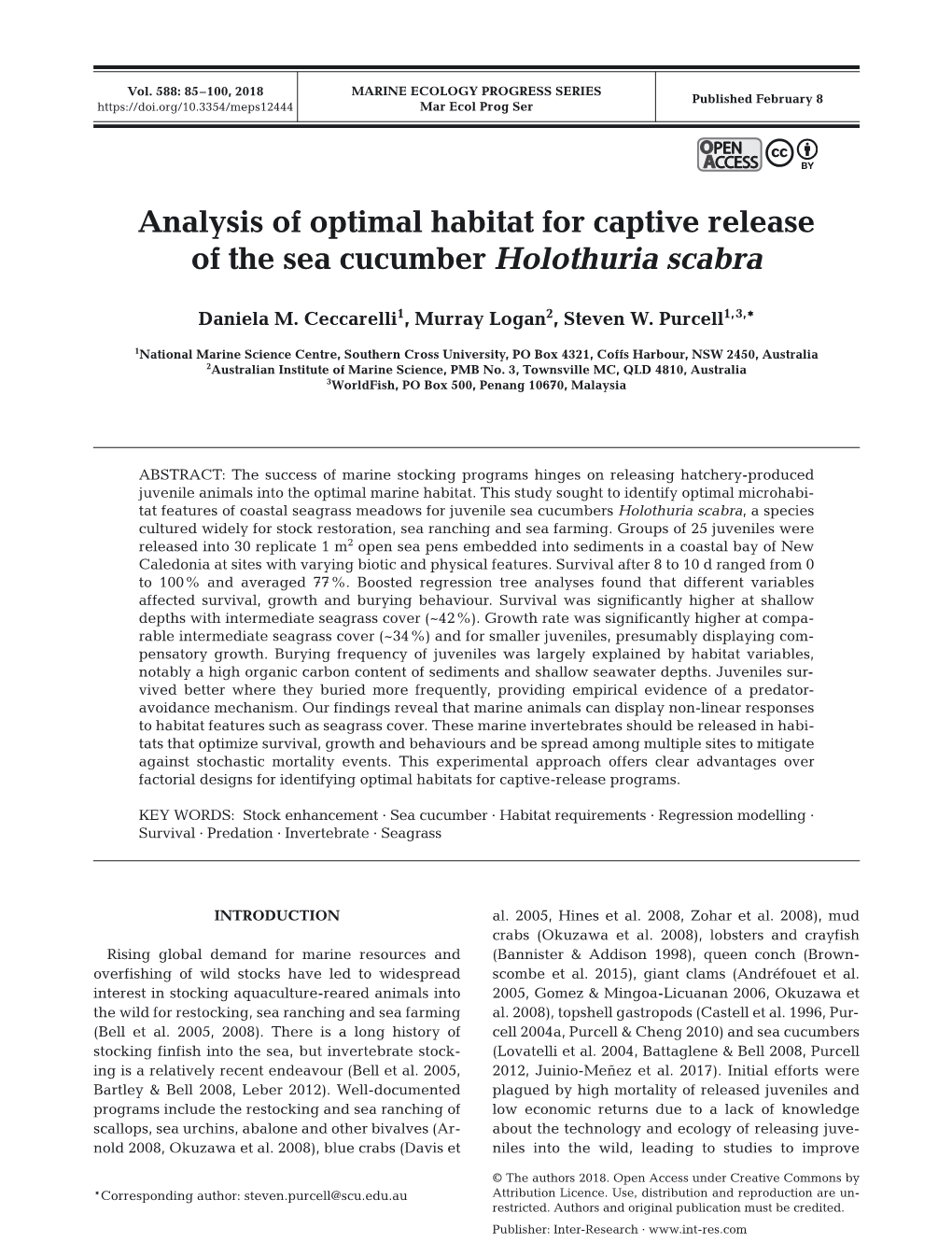 Analysis of Optimal Habitat for Captive Release of the Sea Cucumber Holothuria Scabra