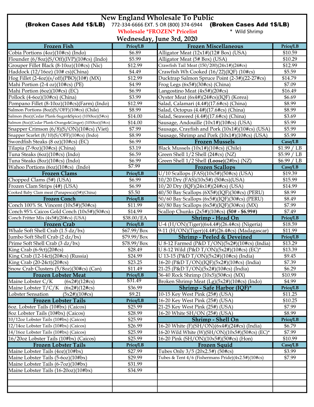 New England Wholesale to Public (Broken Cases Add 1$/LB) 772-334-6666 EXT