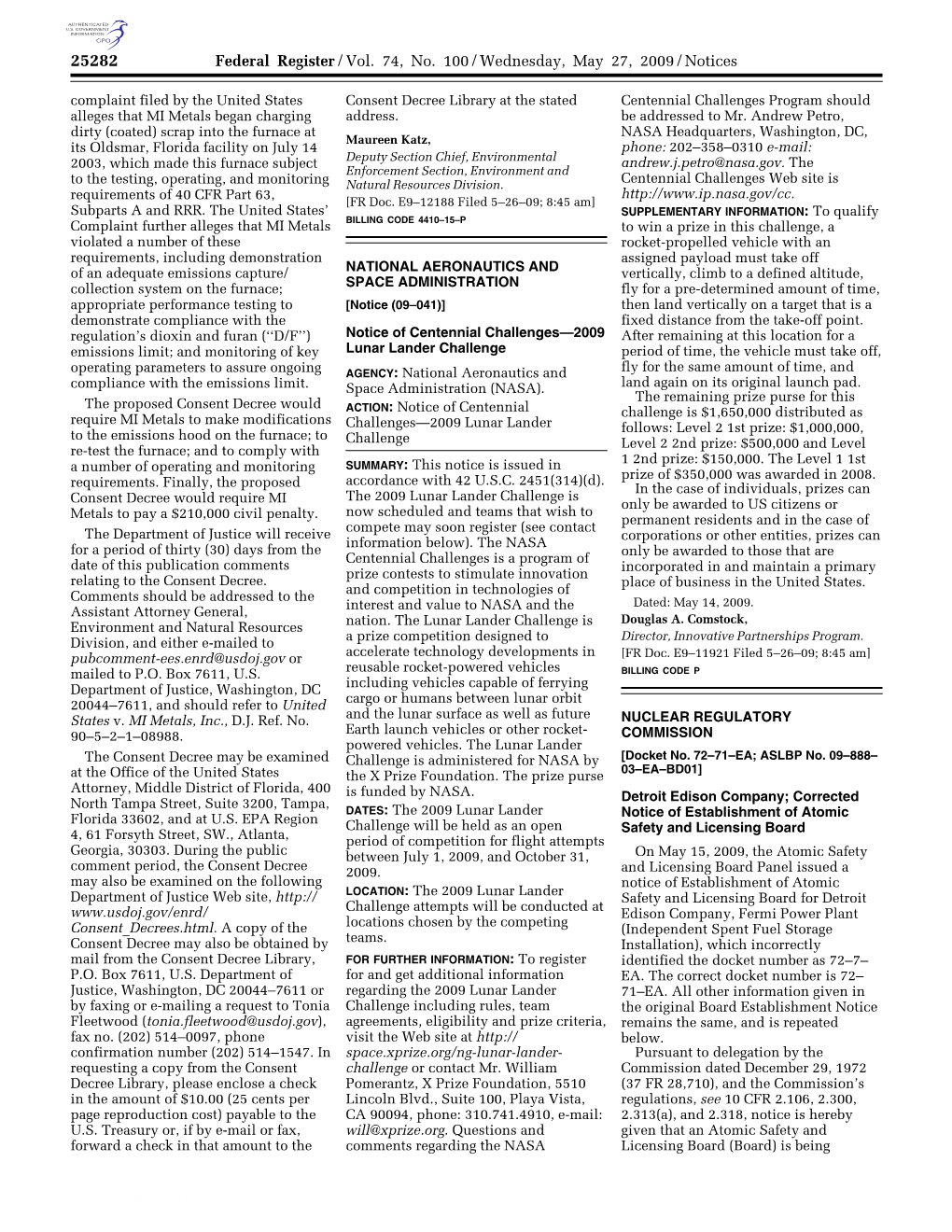 Federal Register/Vol. 74, No. 100/Wednesday, May 27, 2009