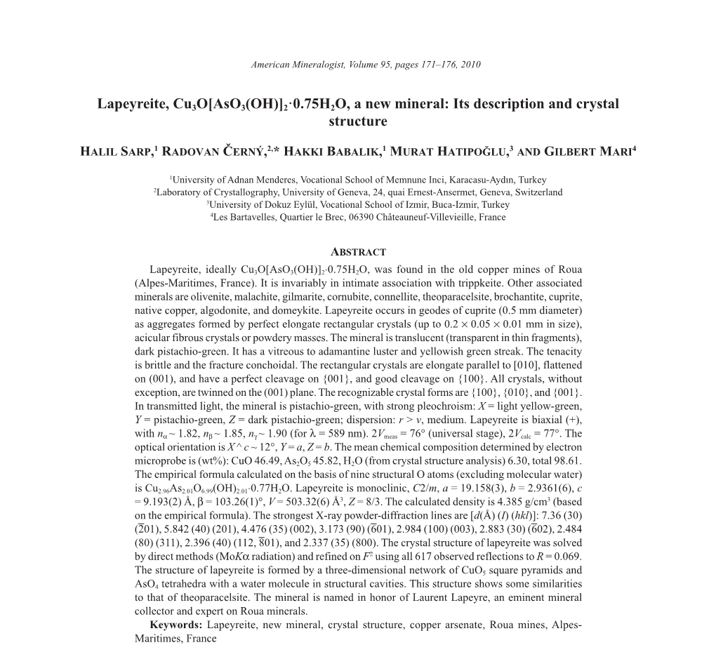 Lapeyreite, Cu3o[Aso3(OH)]2·0.75H2O, a New Mineral: Its Description and Crystal Structure