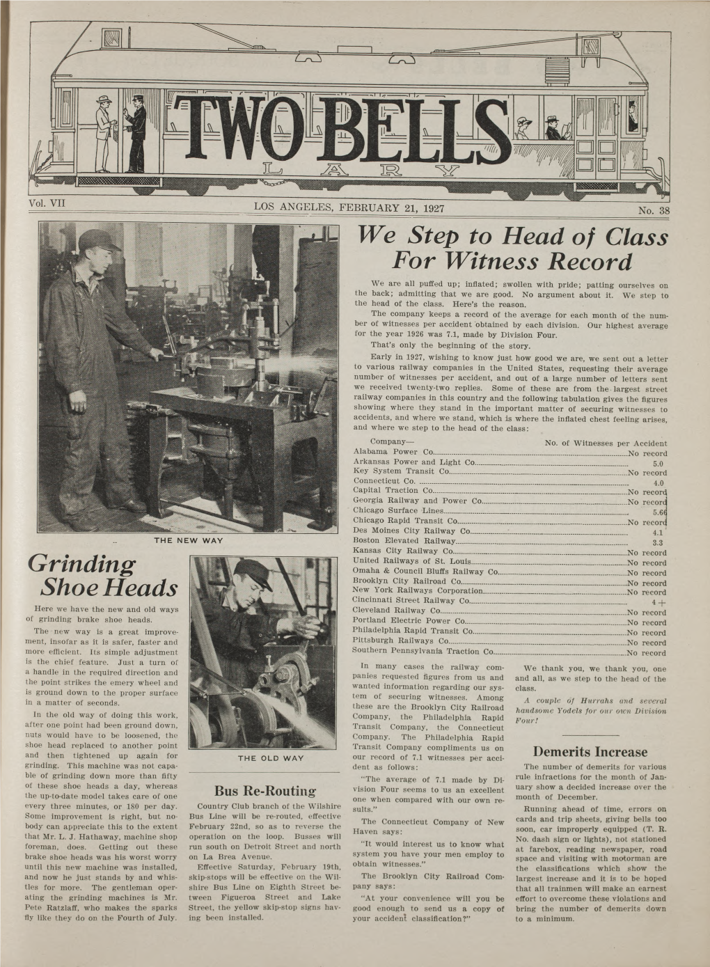 TWO BELLS February 21, 1927 E TWO BELLS C BOUQUET S Published by and for the Employes of the Los Angeles Railway