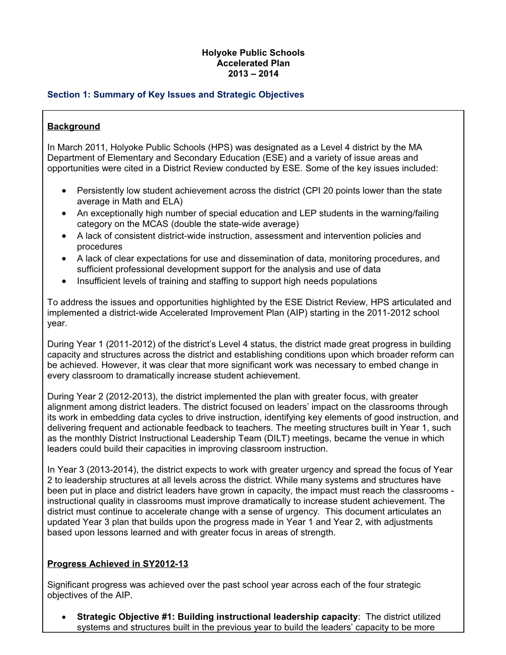 Holyoke Accelerated Improvement Plan 2013