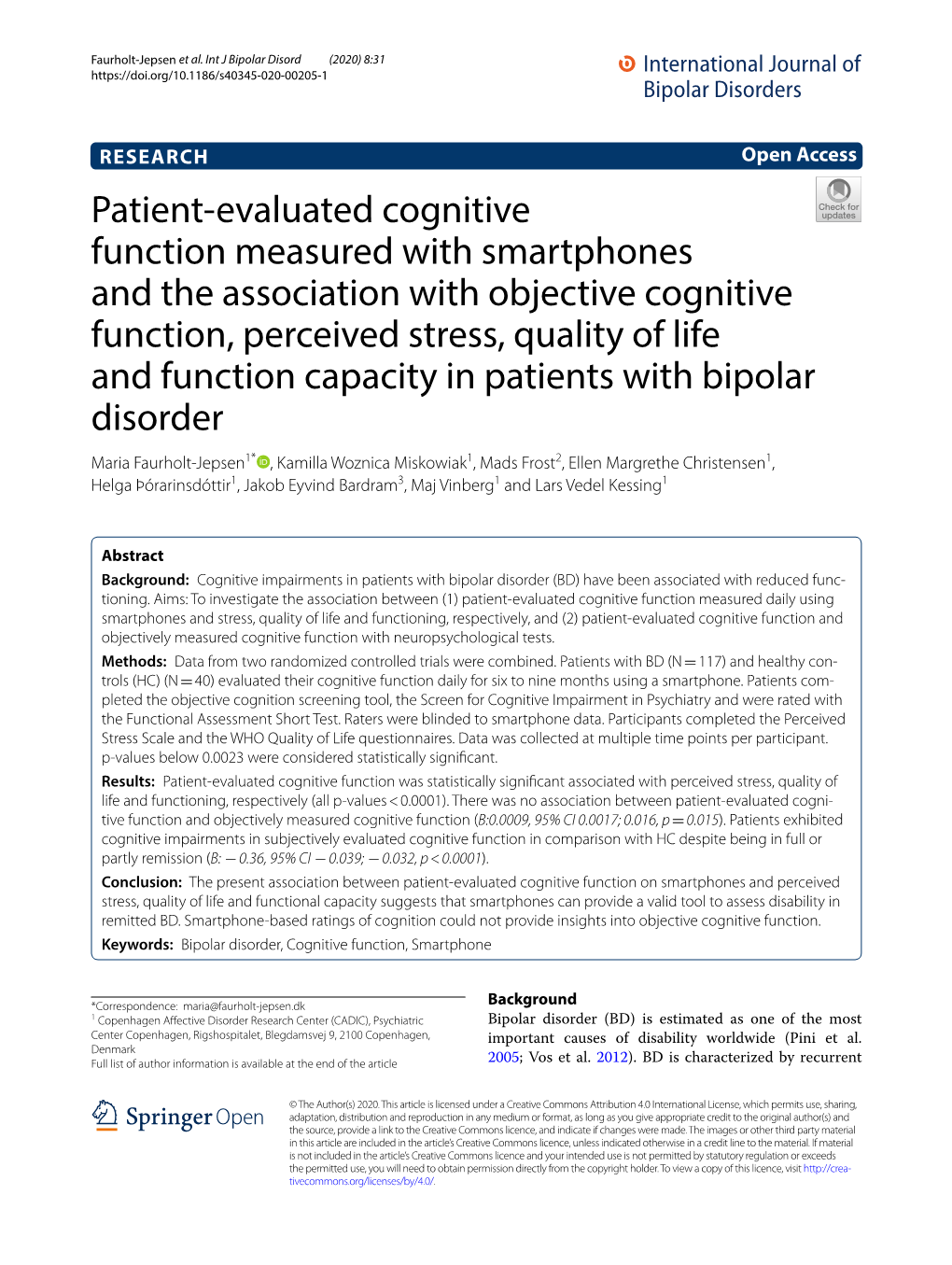 Patient-Evaluated Cognitive Function Measured with Smartphones And