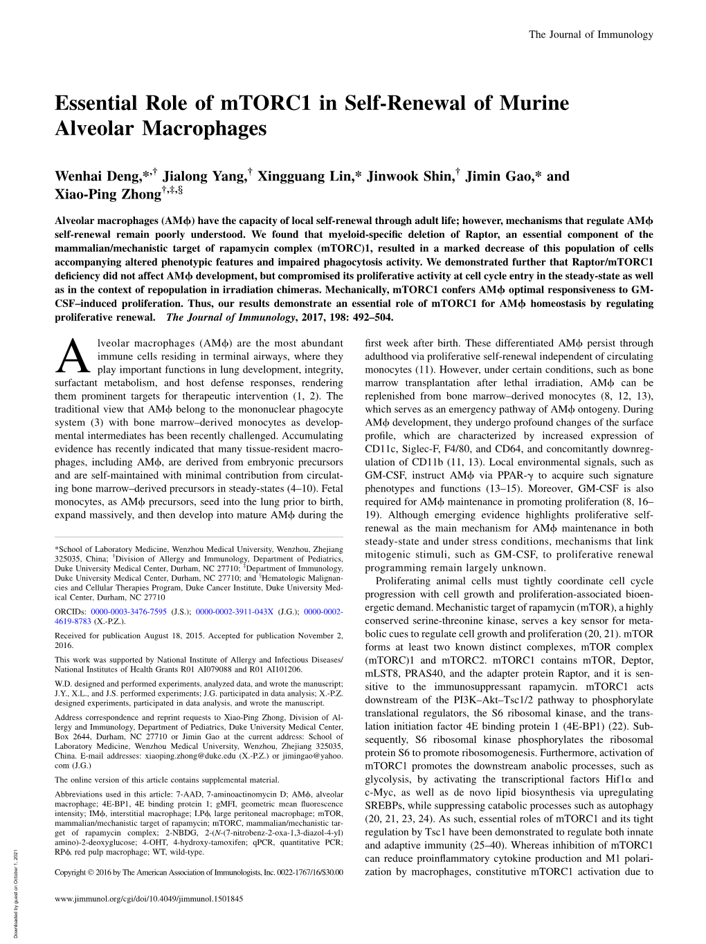 Essential Role of Mtorc1 in Self-Renewal of Murine Alveolar Macrophages