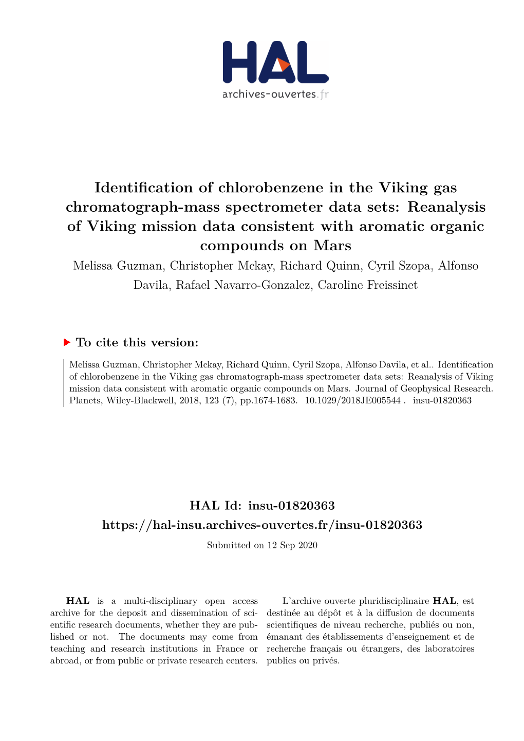 Identification of Chlorobenzene in the Viking Gas Chromatograph-Mass Spectrometer Data Sets