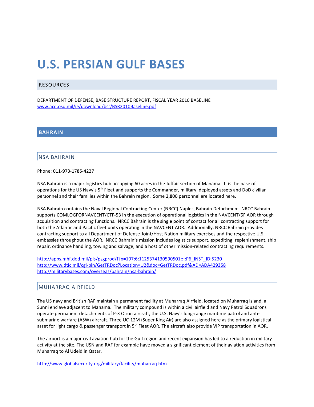 Department of Defense, Base Structure Report, Fiscal Year 2010 Baseline