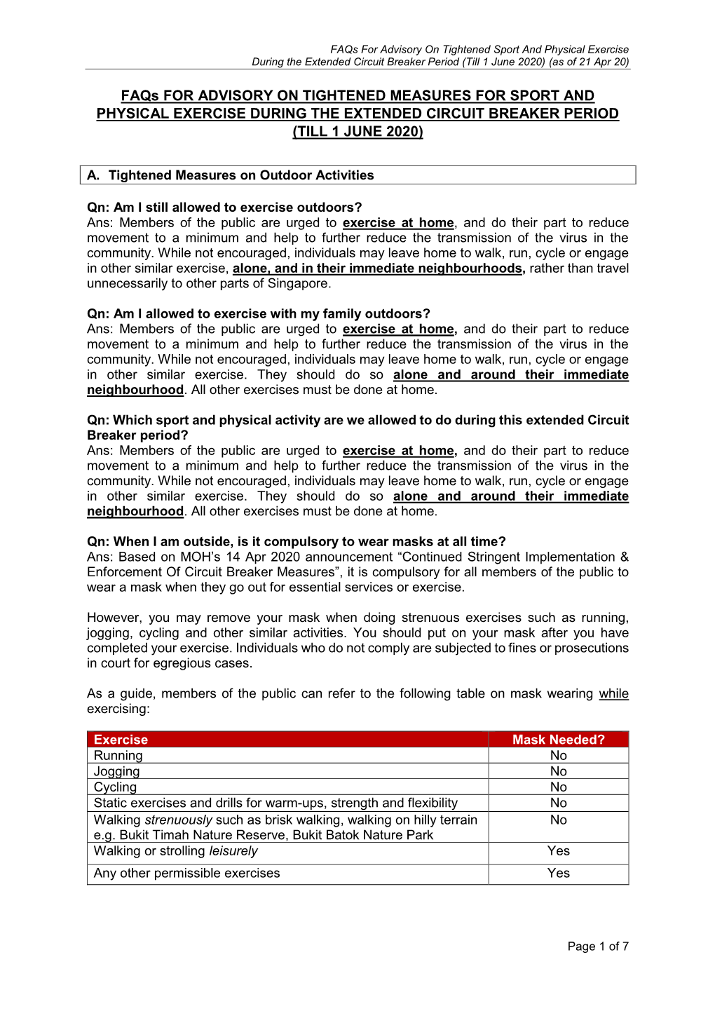 Faqs for ADVISORY on TIGHTENED MEASURES for SPORT and PHYSICAL EXERCISE DURING the EXTENDED CIRCUIT BREAKER PERIOD (TILL 1 JUNE 2020)