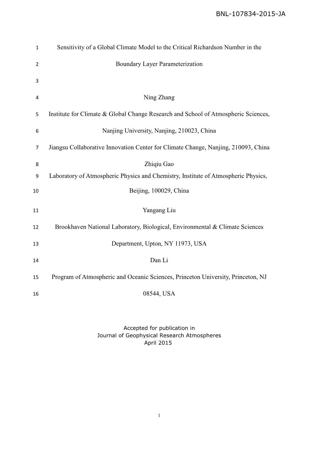 Sensitivity of a Global Climate Model to the Critical Richardson Number in The