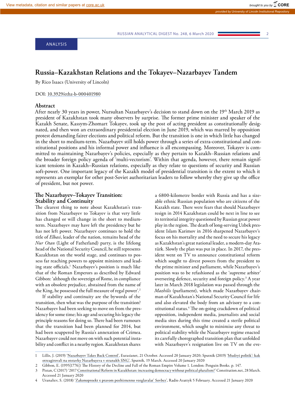 Russia–Kazakhstan Relations and the Tokayev–Nazarbayev Tandem by Rico Isaacs (University of Lincoln)