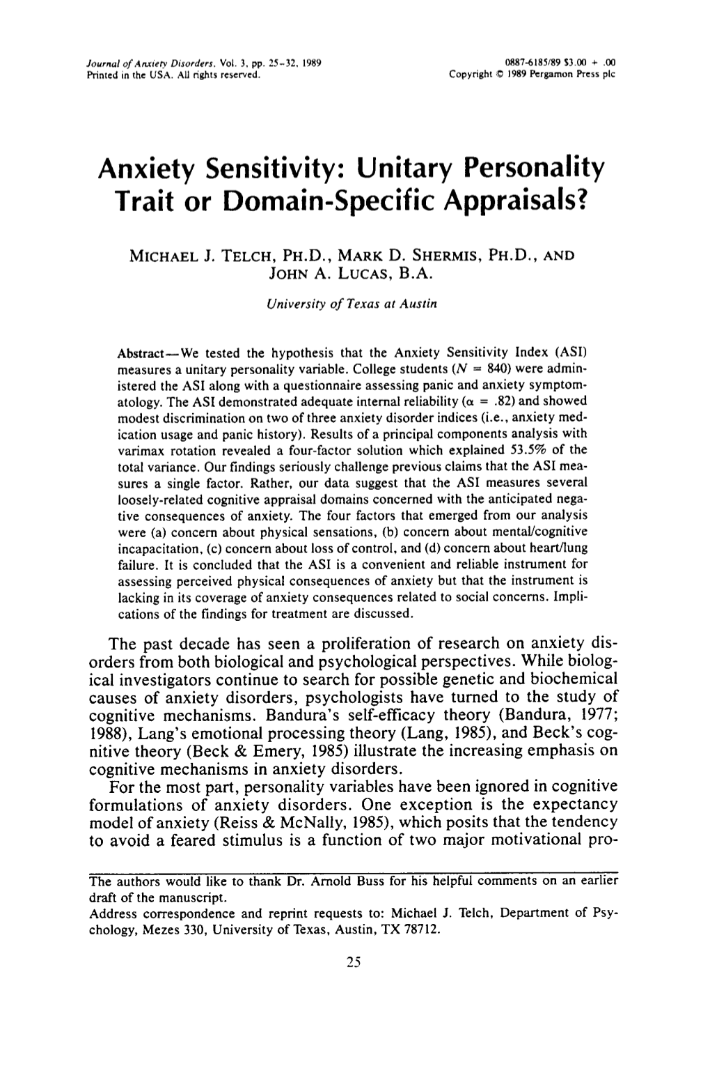 Anxiety Sensitivity: Unitary Personality Trait Or Domain-Specific Appraisals?