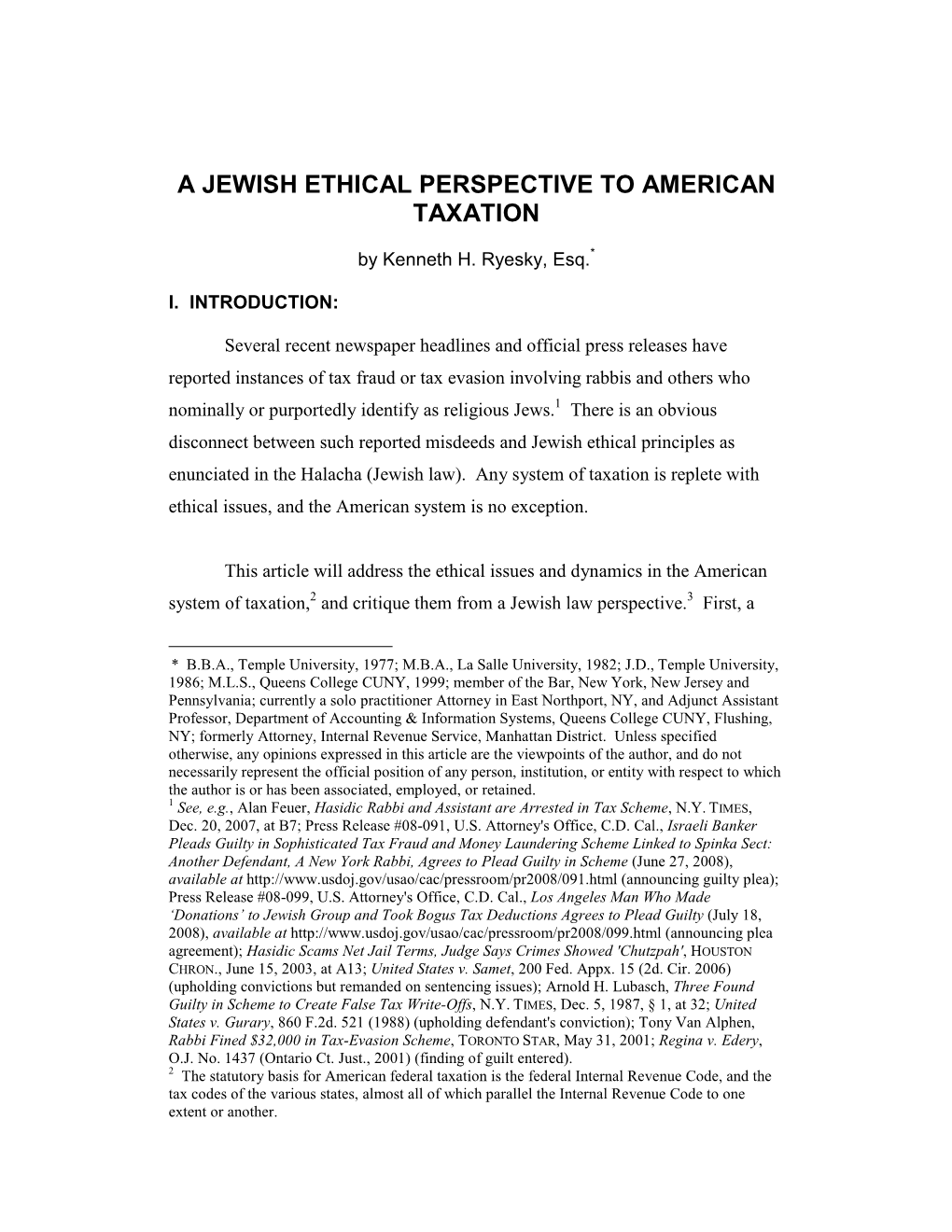 A Jewish Ethical Perspective to American Taxation