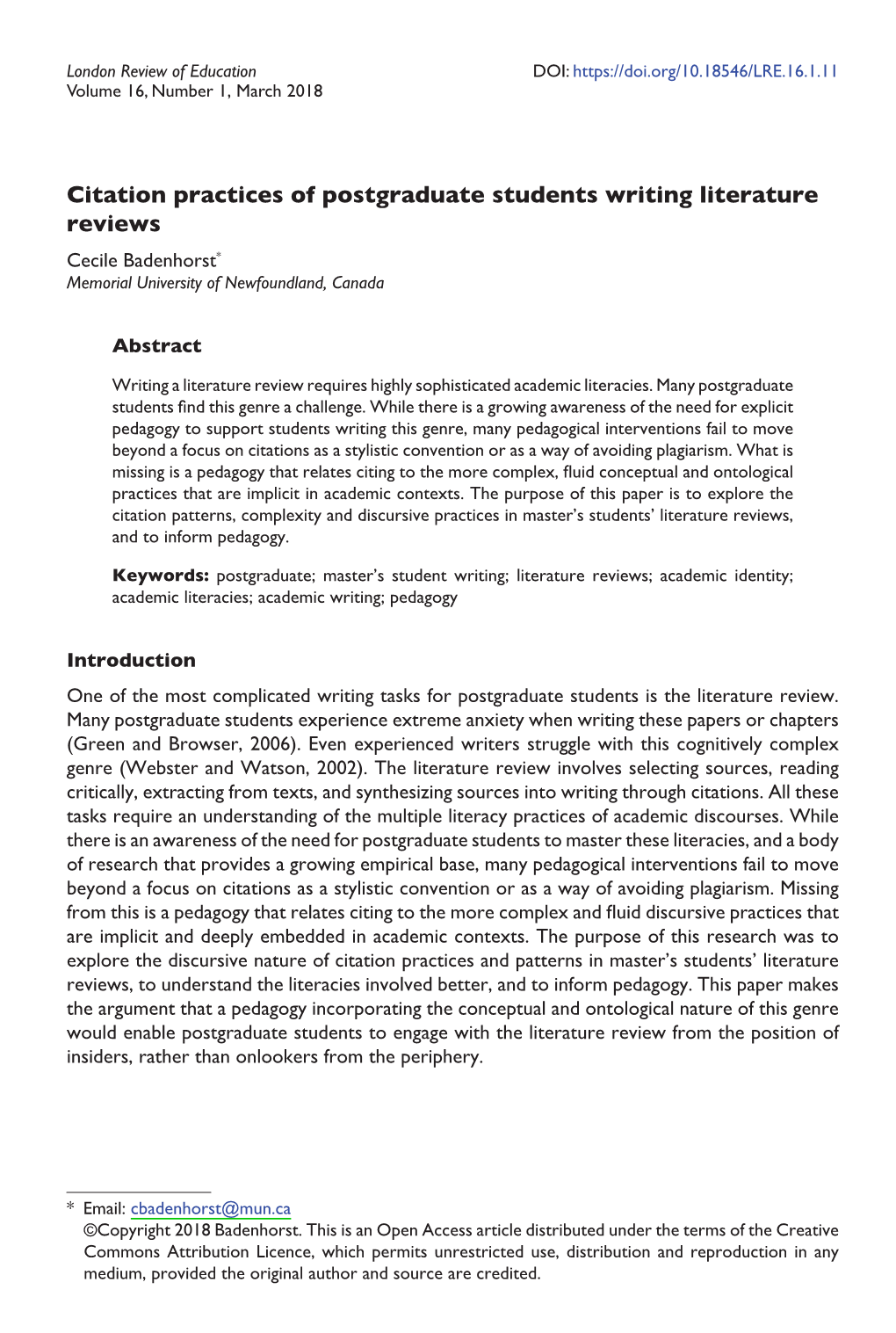 Citation Practices of Postgraduate Students Writing Literature Reviews Cecile Badenhorst* Memorial University of Newfoundland, Canada