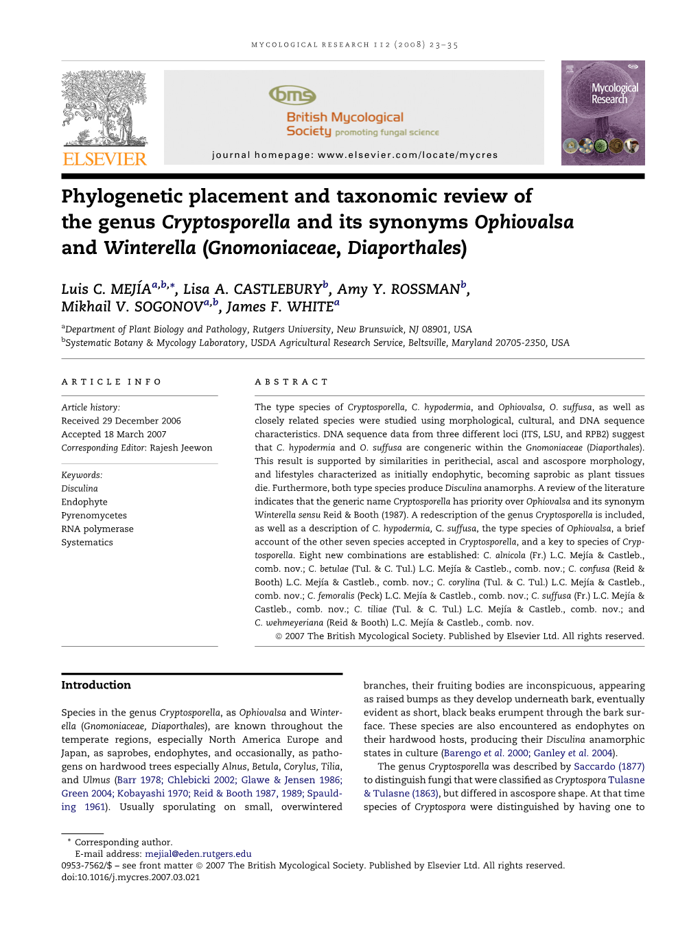 Phylogenetic Placement and Taxonomic Review of the Genus Cryptosporella and Its Synonyms Ophiovalsa and Winterella (Gnomoniaceae, Diaporthales)