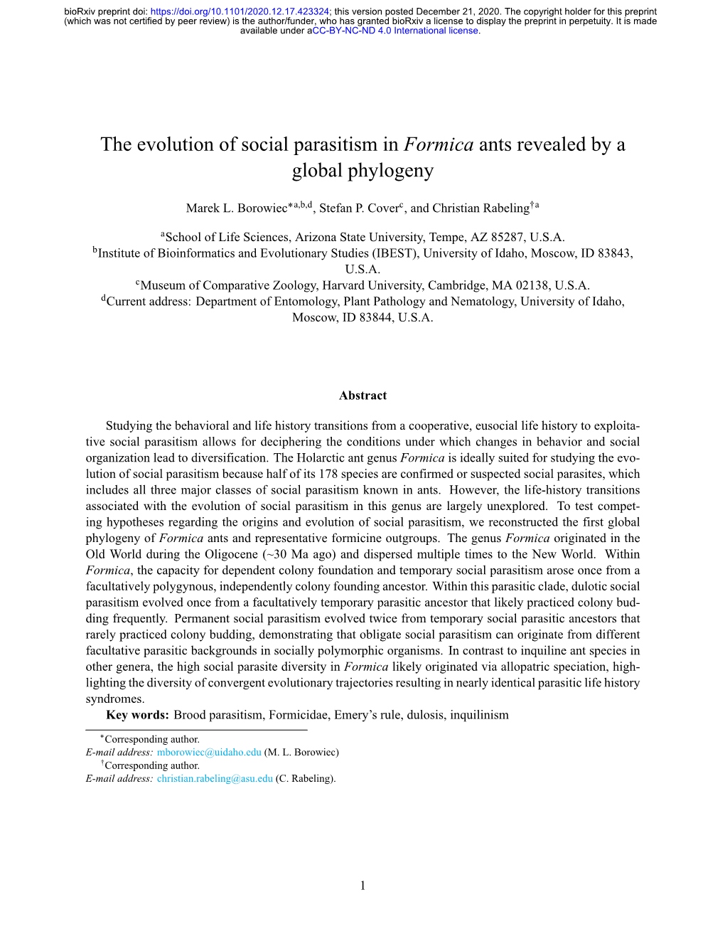 The Evolution of Social Parasitism in Formica Ants Revealed by a Global Phylogeny