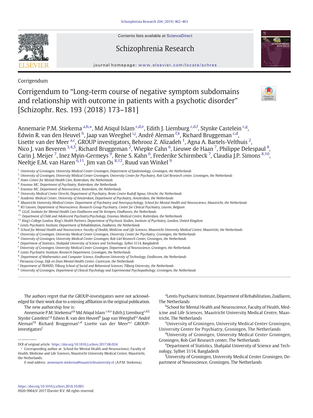 Corrigendum to “Long-Term Course of Negative Symptom Subdomains and Relationship with Outcome in Patients with a Psychotic Disorder” [Schizophr