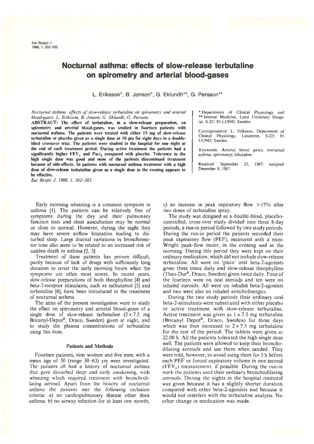 Nocturnal Asthma: Effects of Slow-Release Terbutaline on Spirometry and Arterial Blood-Gases