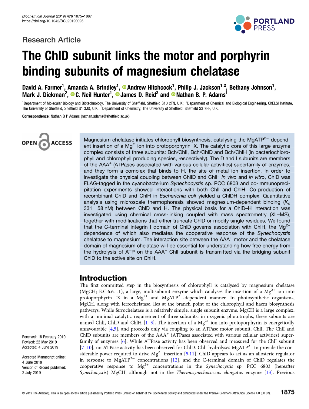 The Chld Subunit Links the Motor and Porphyrin Binding Subunits of Magnesium Chelatase